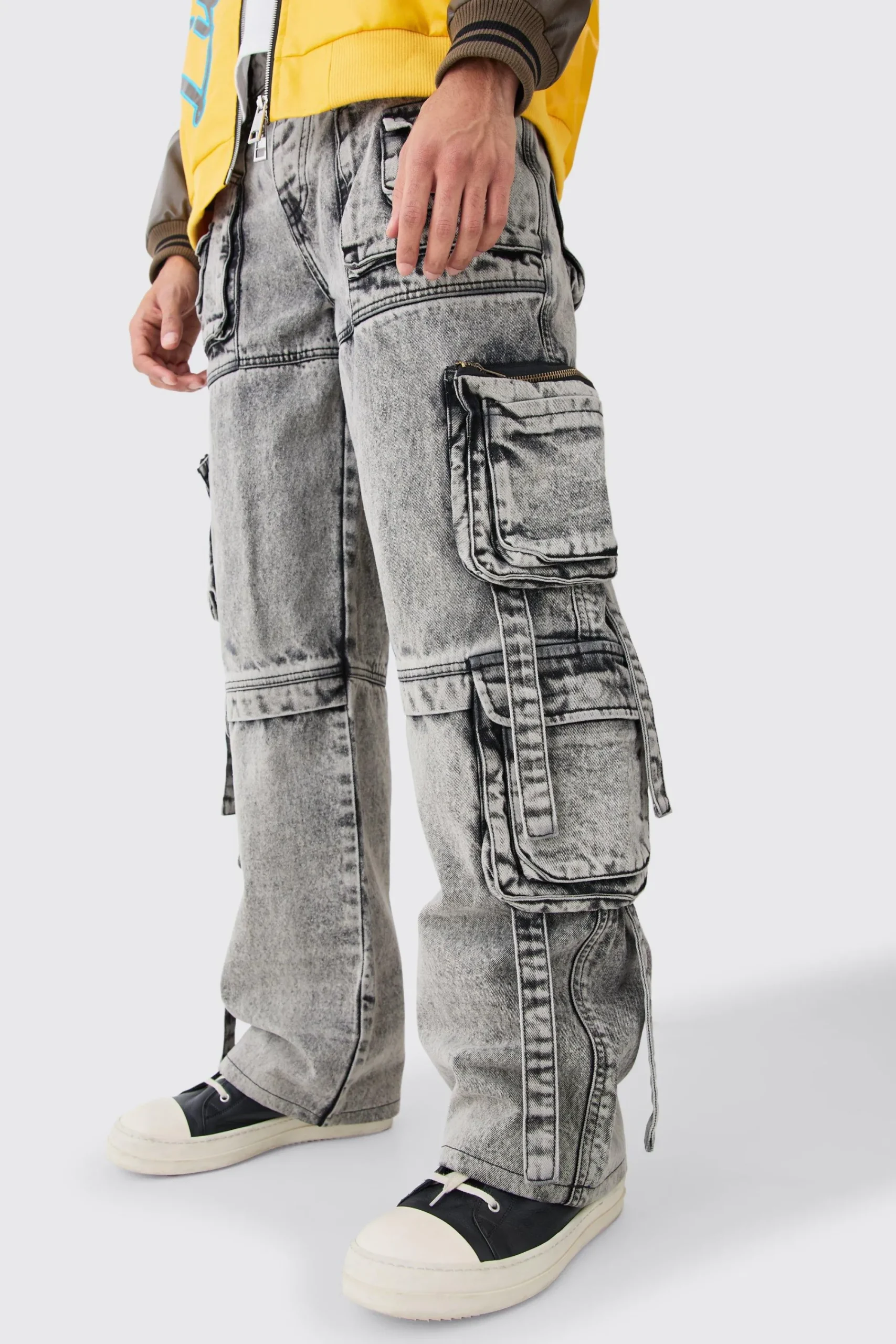 boohooMAN Baggy Rigid Multi Cargo Pocket Strap Detail Acid Wash Jeans | UK| Trousers|Jeans