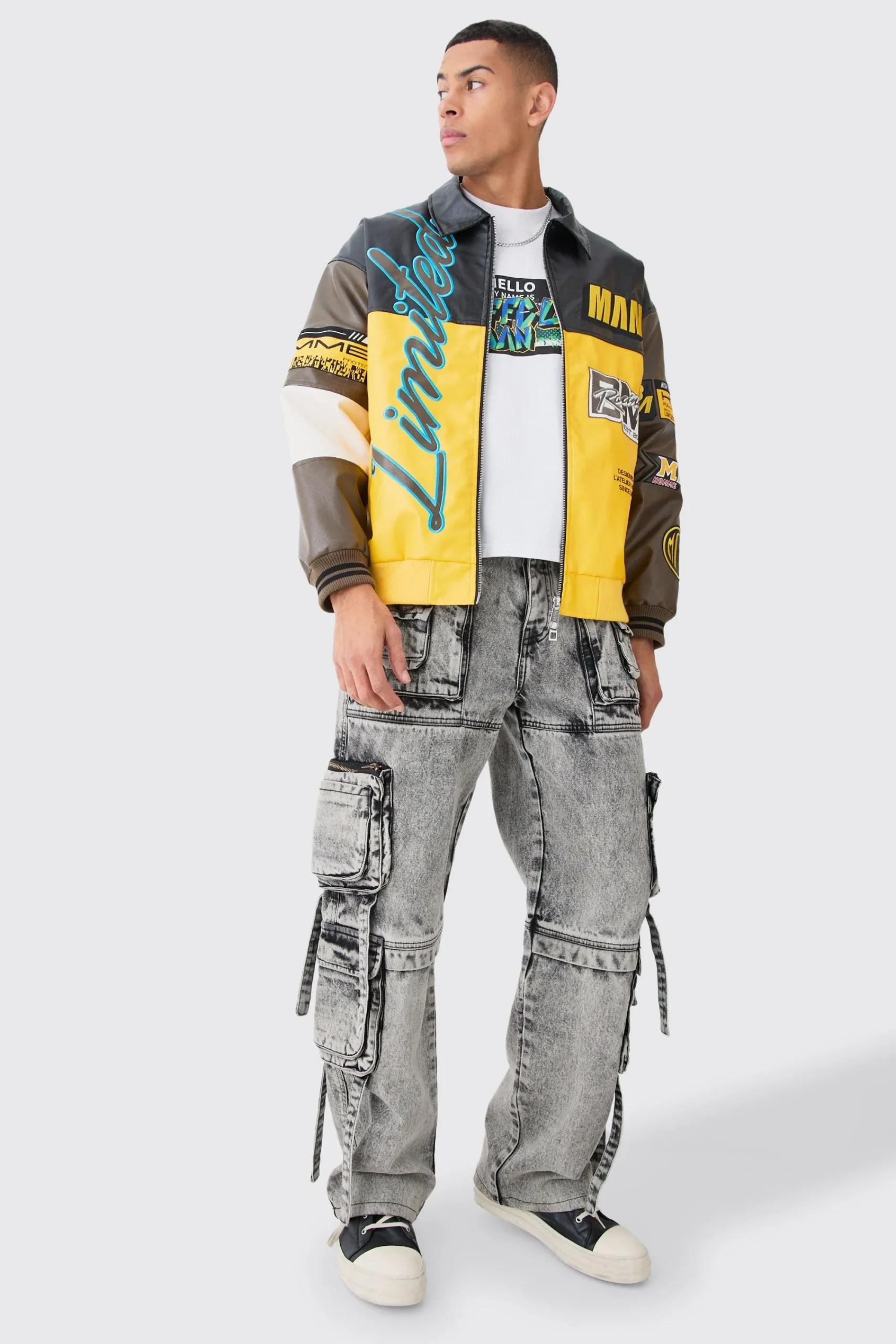 boohooMAN Baggy Rigid Multi Cargo Pocket Strap Detail Acid Wash Jeans | UK| Trousers|Jeans