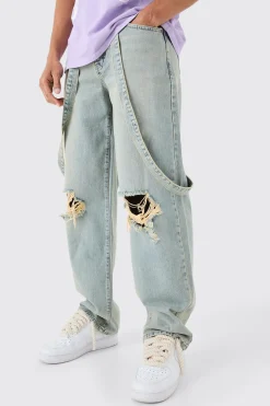 boohooMAN Baggy Rigid Strap Detail Ripped Knee Jeans In | UK| Trousers|Jeans