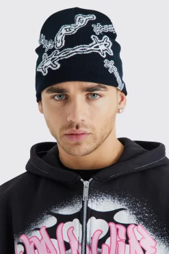 boohooMAN Barbed Wire Jacquard Beanie | UK| Hats & Caps