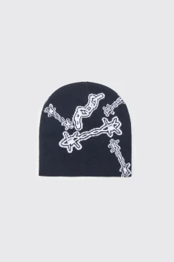 boohooMAN Barbed Wire Jacquard Beanie | UK| Hats & Caps