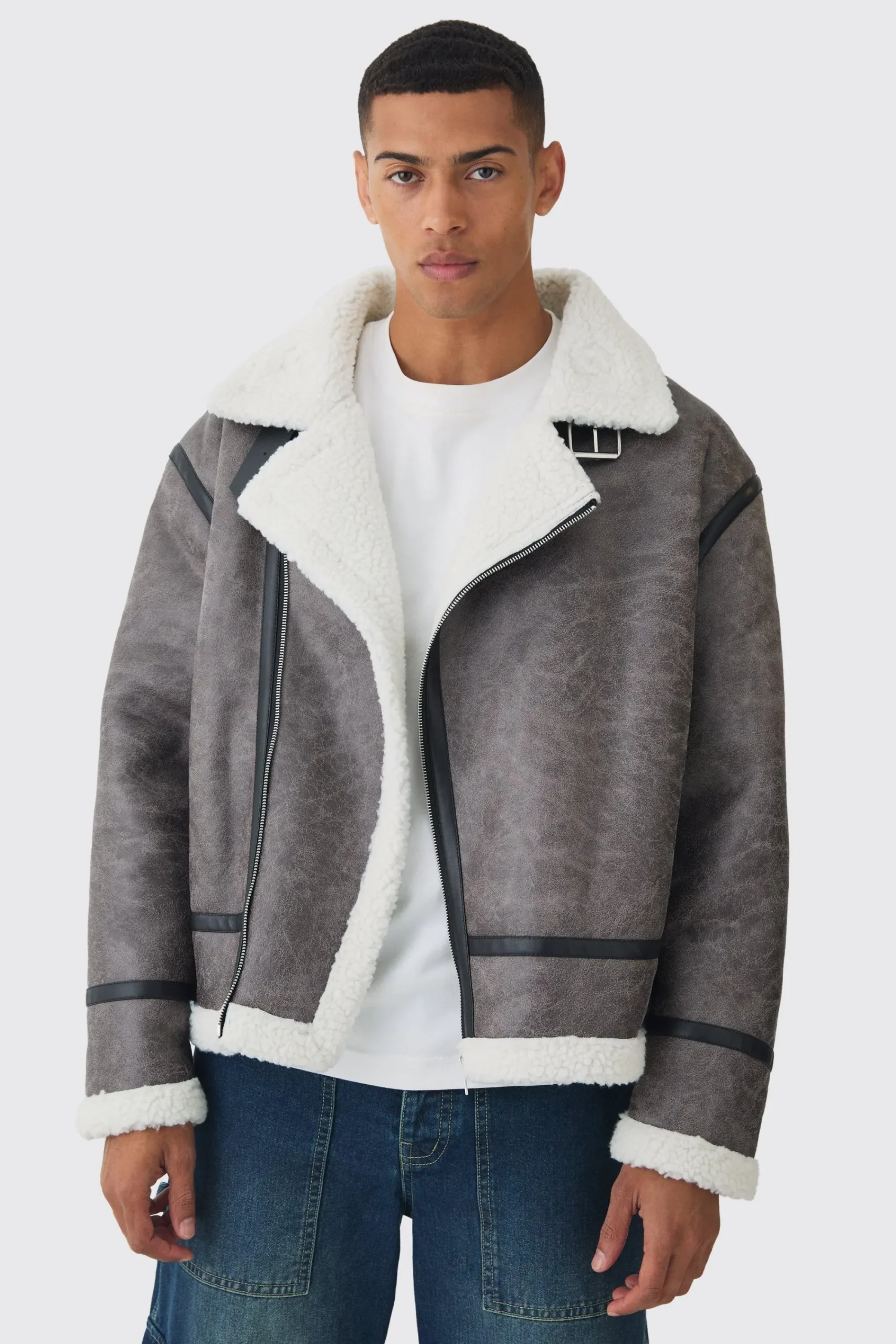 boohooMAN Biker Detail Borg Aviator Jacket In | UK| Coats & Jackets