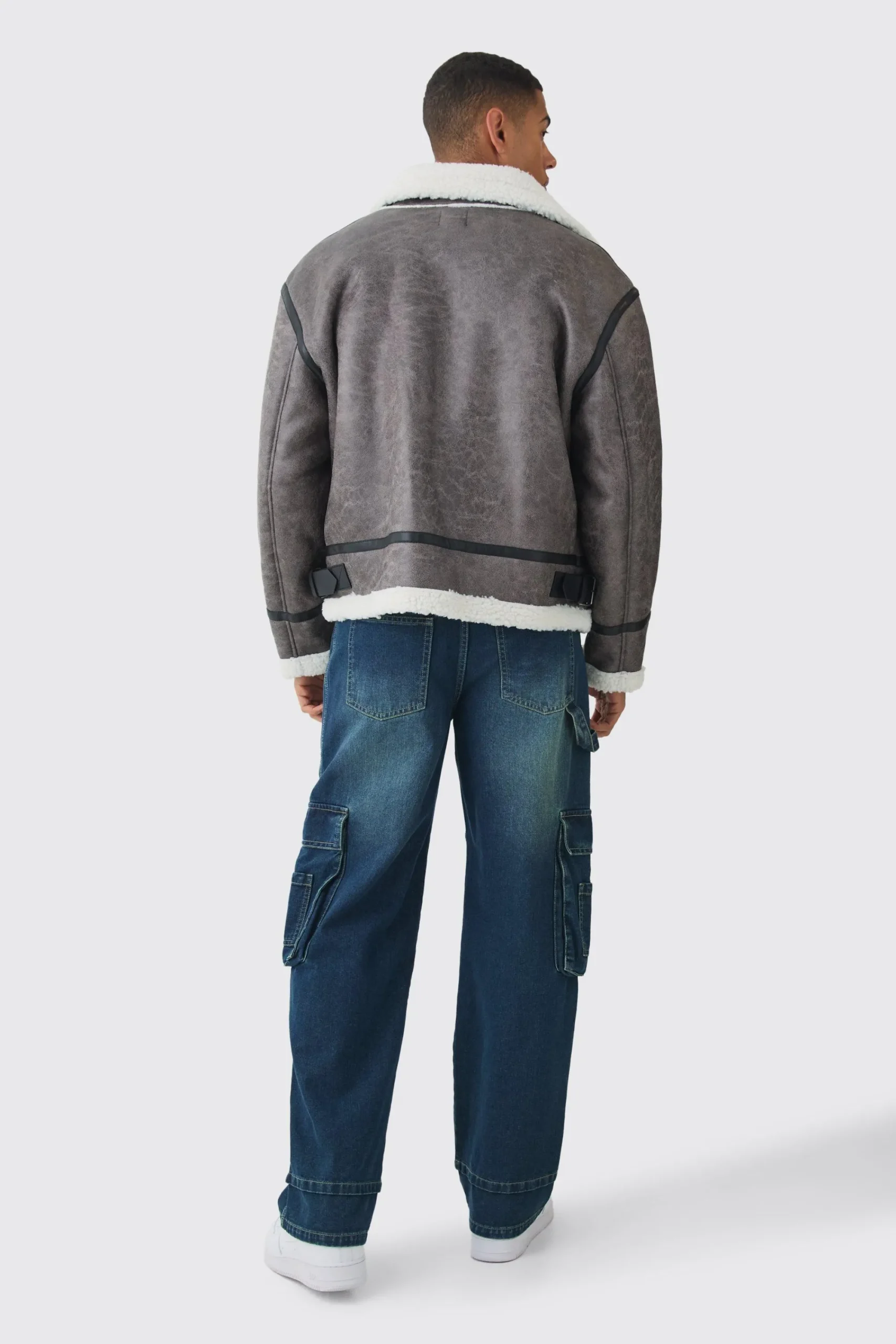 boohooMAN Biker Detail Borg Aviator Jacket In | UK| Coats & Jackets