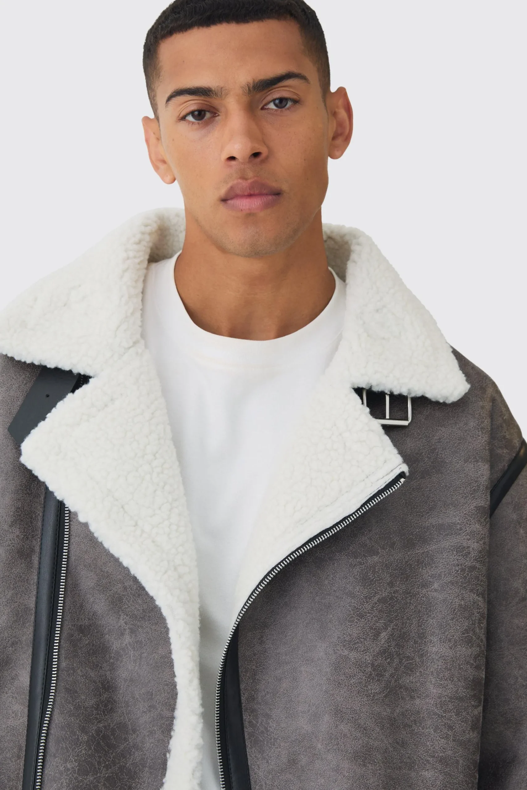 boohooMAN Biker Detail Borg Aviator Jacket In | UK| Coats & Jackets