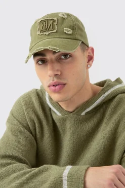 boohooMAN BM Applique Distressed Cap In | UK| Hats & Caps