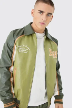 boohooMAN Bm Badge Collared Pu Varsity Jacket In | UK| Coats & Jackets