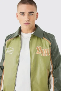 boohooMAN Bm Badge Collared Pu Varsity Jacket In | UK| Coats & Jackets