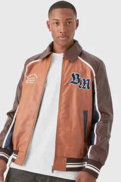 boohooMAN Bm Badge Collared Pu Varsity Jacket In | UK| Coats & Jackets