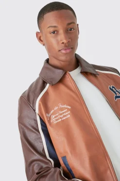 boohooMAN Bm Badge Collared Pu Varsity Jacket In | UK| Coats & Jackets