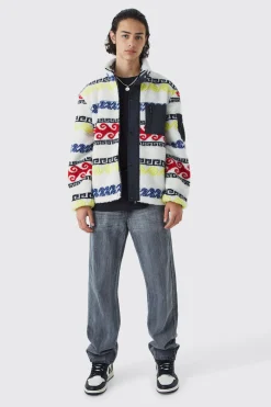 boohooMAN Borg & Nylon Mix Aztec Funnel Neck Jacket | UK| Coats & Jackets