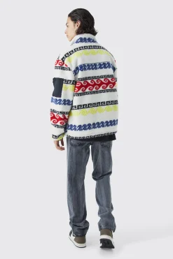 boohooMAN Borg & Nylon Mix Aztec Funnel Neck Jacket | UK| Coats & Jackets