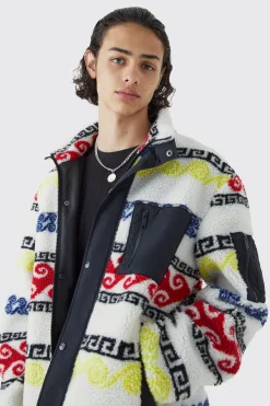 boohooMAN Borg & Nylon Mix Aztec Funnel Neck Jacket | UK| Coats & Jackets