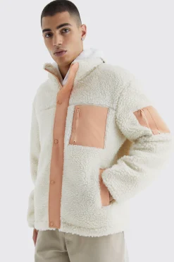 boohooMAN Borg & Nylon Mix Funnel Neck Jacket | UK| Coats & Jackets