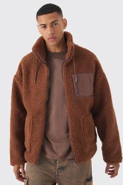 boohooMAN Borg Funnel Neck Pu Pocket Jacket In | UK| Coats & Jackets