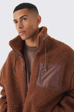 boohooMAN Borg Funnel Neck Pu Pocket Jacket In | UK| Coats & Jackets