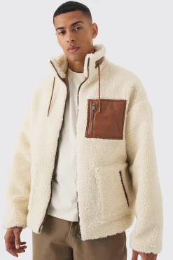 boohooMAN Borg Funnel Neck Pu Pocket Jacket In | UK| Coats & Jackets