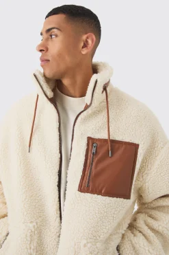 boohooMAN Borg Funnel Neck Pu Pocket Jacket In | UK| Coats & Jackets