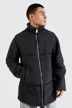 boohooMAN Borg Longline Leather Look Trim Funnel Neck | UK| Coats & Jackets