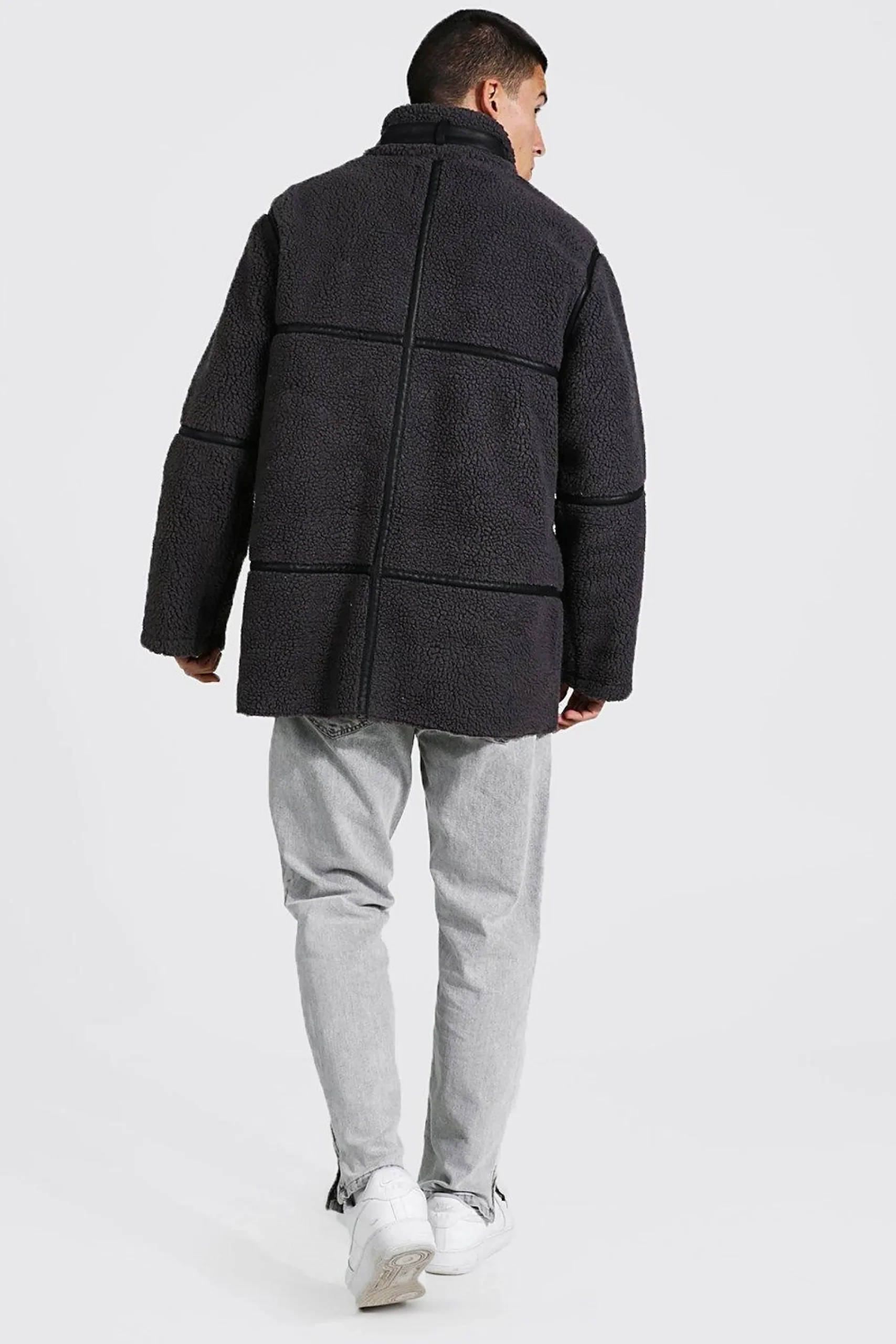 boohooMAN Borg Longline Leather Look Trim Funnel Neck | UK| Coats & Jackets