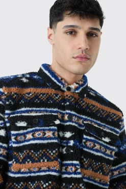 boohooMAN Borg Patch Pocket Aztec Overshirt | UK| Shirts