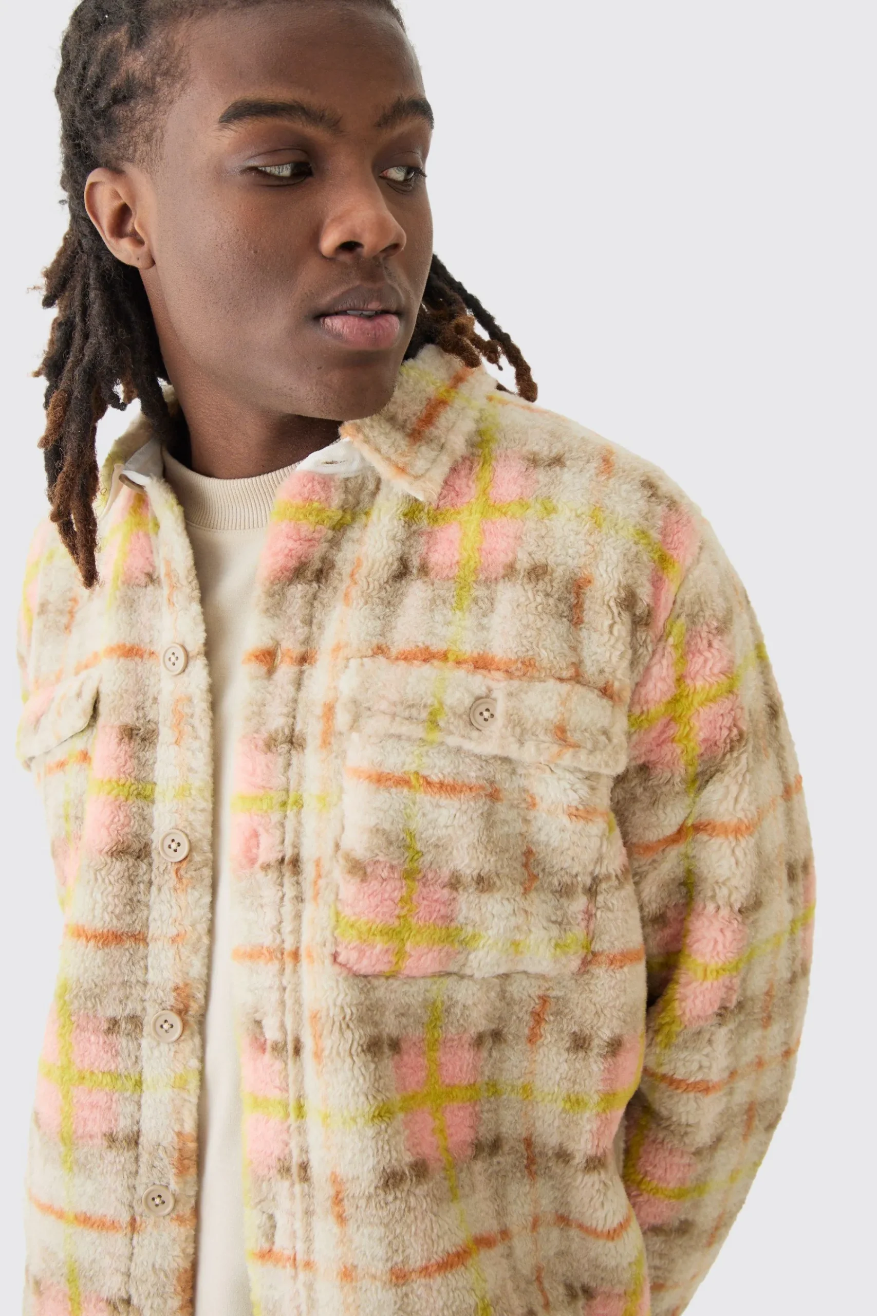 boohooMAN Borg Patch Pocket Pastel Check Overshirt | UK| Shirts