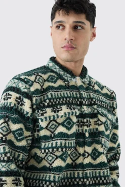 boohooMAN Borg Patch Pocket Aztec Overshirt | UK| Shirts