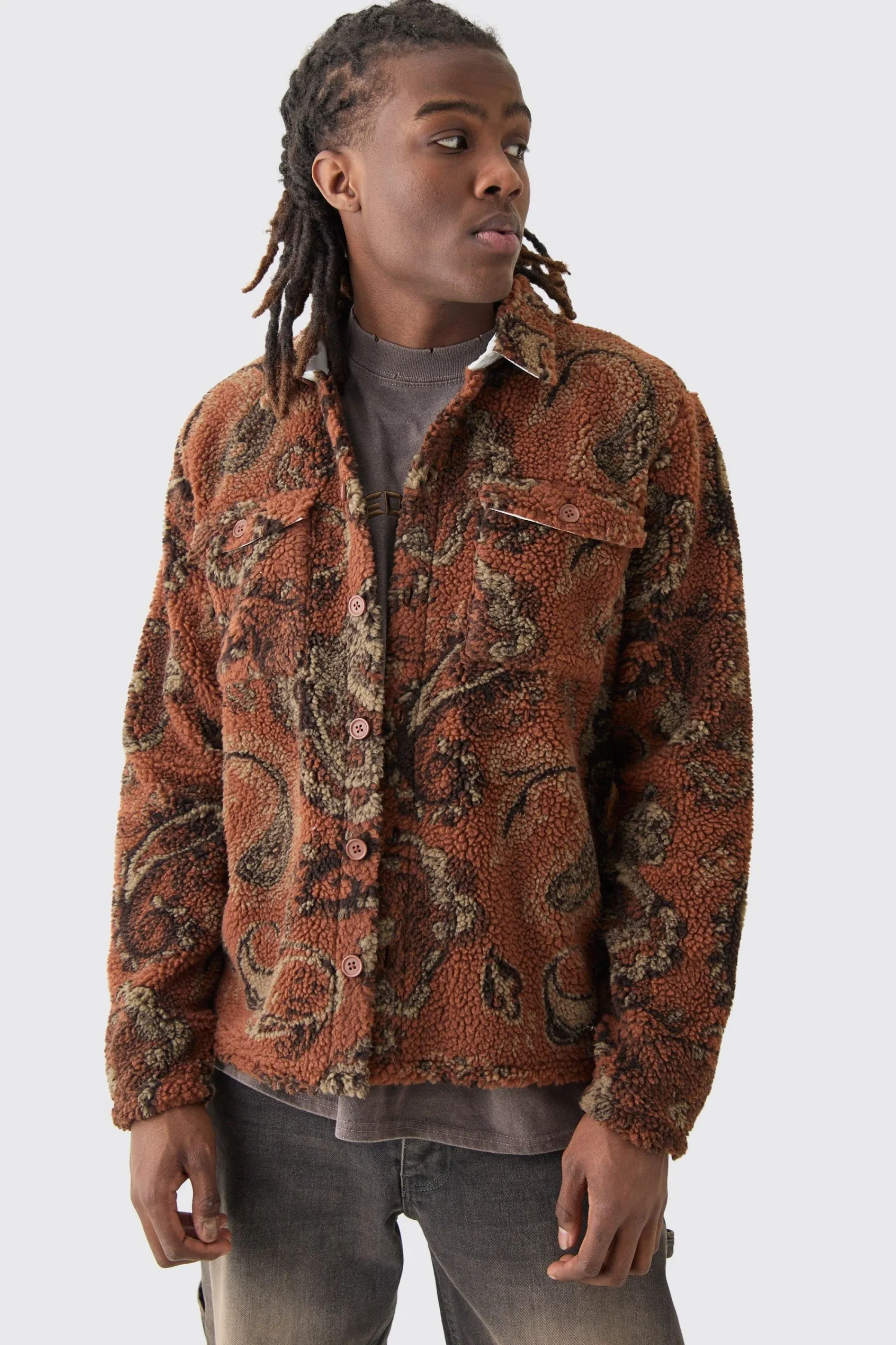 boohooMAN Borg Patch Pocket Tonal Paisley Overshirt | UK| Shirts