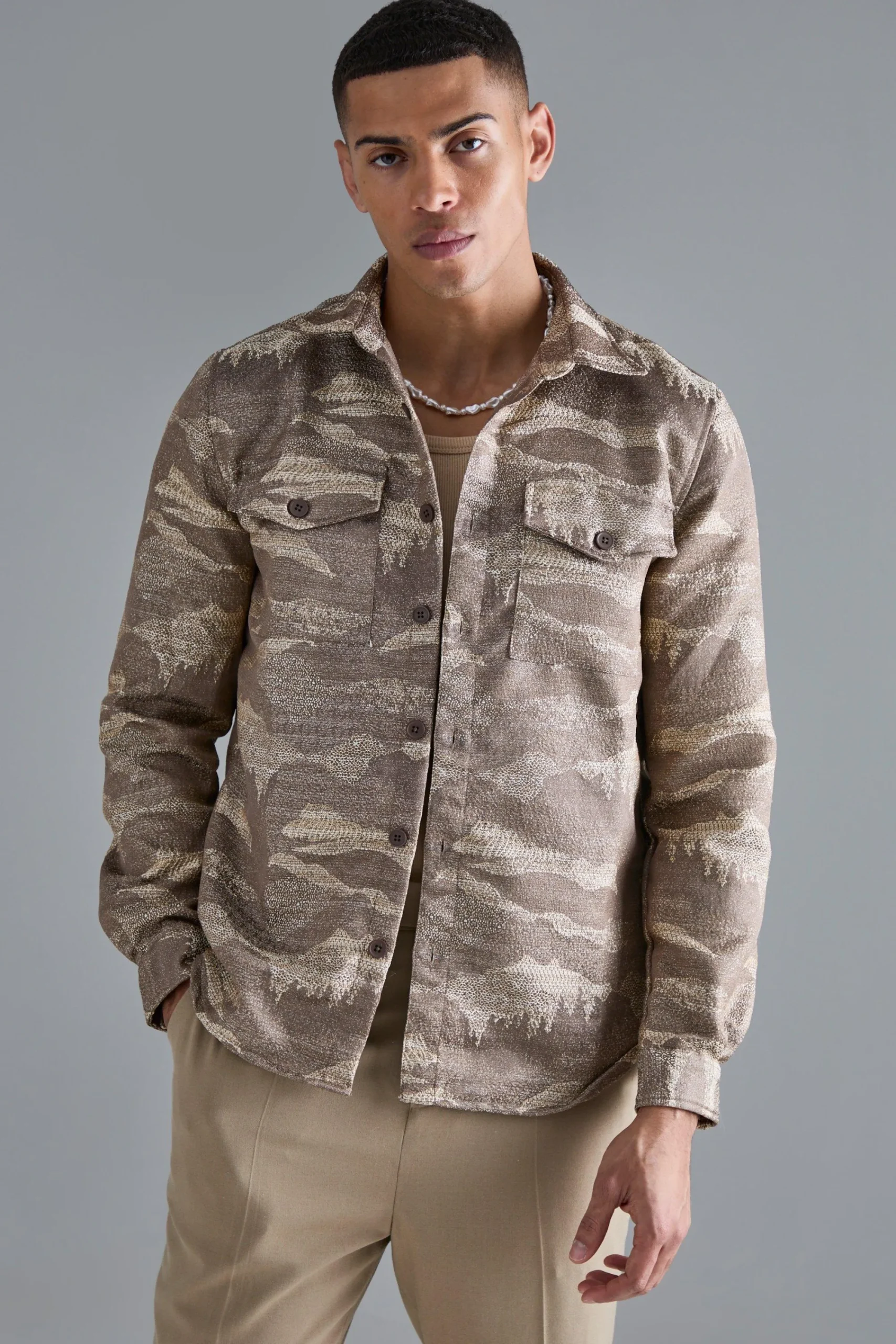 boohooMAN Boucle Tonal Camo Patch Pocket Overshirt | UK| Shirts