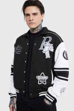 boohooMAN Boxy 13 Applique Jersey Varsity Harrington Jacket | UK| Coats & Jackets|Hoodies & Sweatshirts