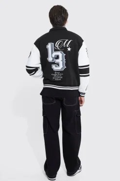 boohooMAN Boxy 13 Applique Jersey Varsity Harrington Jacket | UK| Coats & Jackets|Hoodies & Sweatshirts