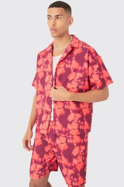 boohooMAN Boxy Abstract Floral Printed Pleated Shirt & Short Set | UK| Sets & Co-Ords