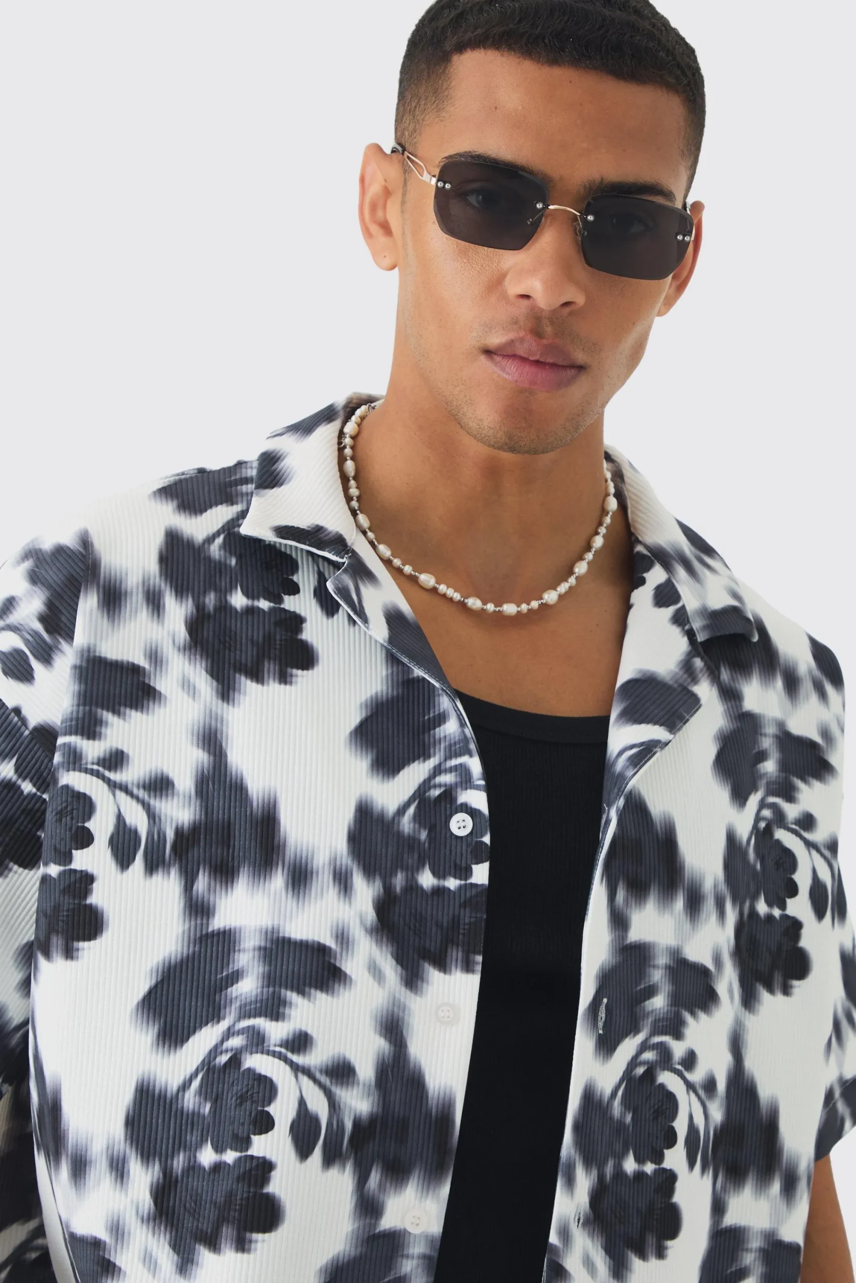 boohooMAN Boxy Abstract Floral Printed Pleated Shirt & Short | UK| Sets & Co-Ords