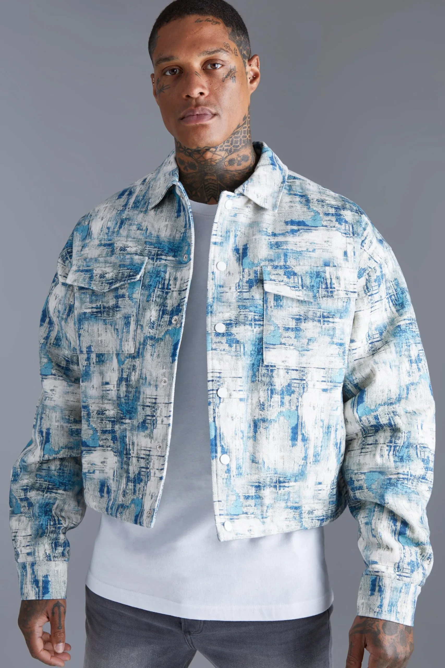 boohooMAN Boxy Abstract Jacquard Harrington | UK| Coats & Jackets