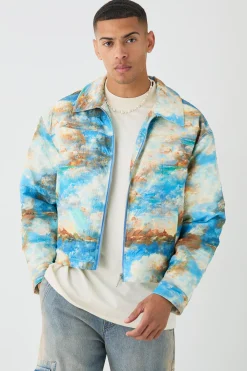boohooMAN Boxy Abstract Print Harrington Jacket In | UK| Coats & Jackets