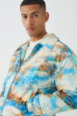 boohooMAN Boxy Abstract Print Harrington Jacket In | UK| Coats & Jackets