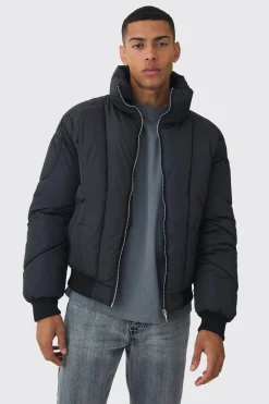 boohooMAN Boxy Abstract Quilted Funnel Neck Puffer In | UK| Coats & Jackets