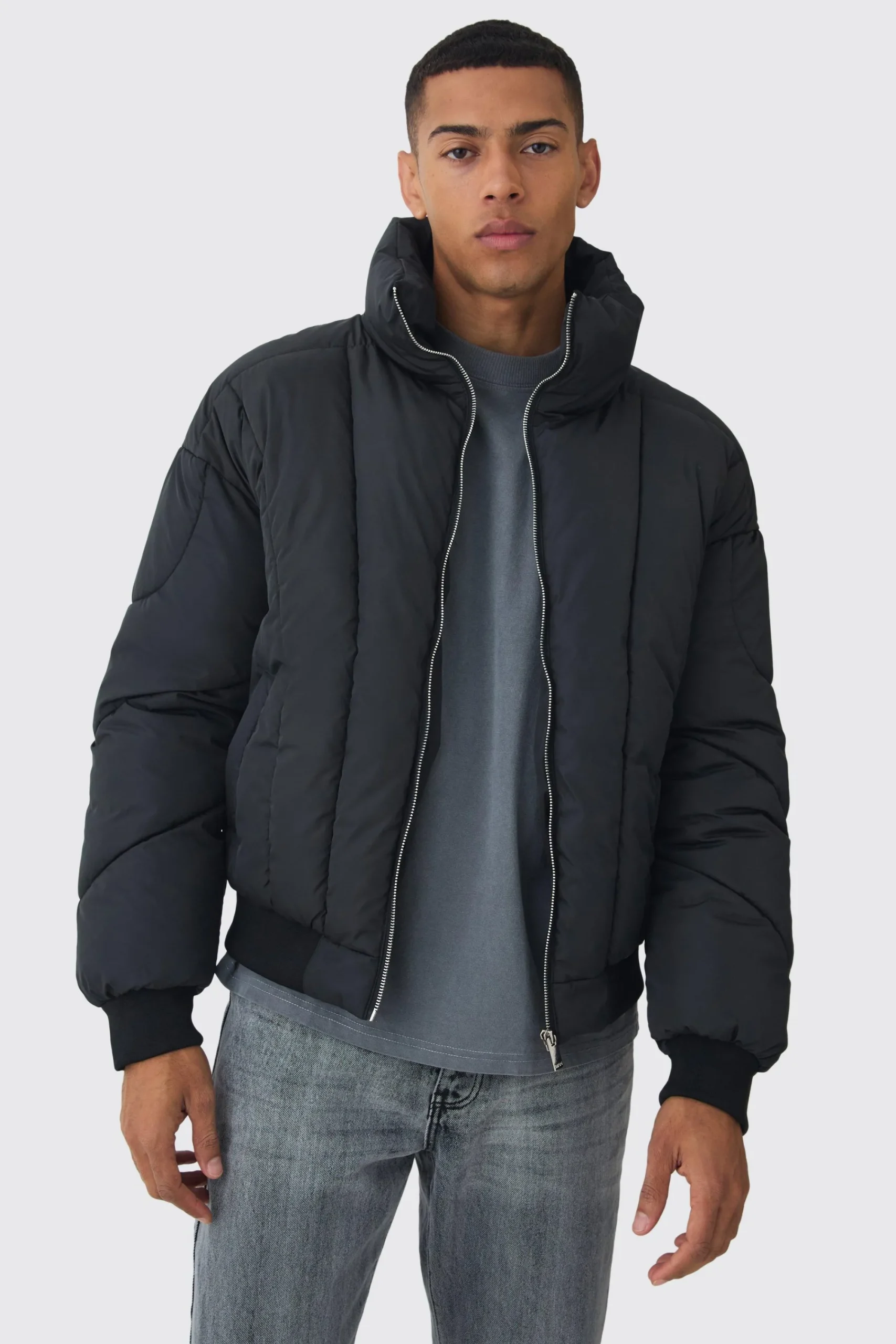 boohooMAN Boxy Abstract Quilted Funnel Neck Puffer In | UK| Coats & Jackets