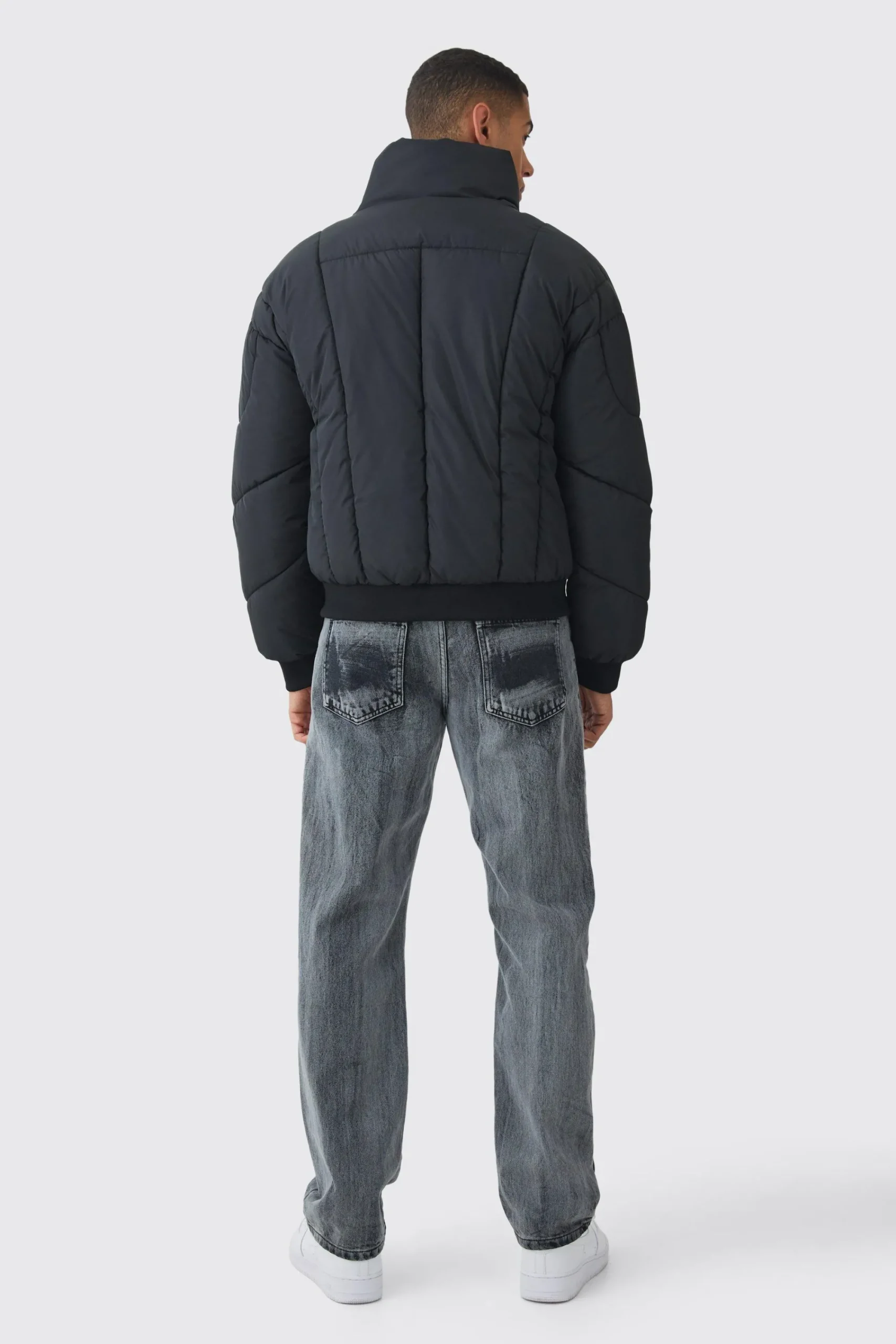 boohooMAN Boxy Abstract Quilted Funnel Neck Puffer In | UK| Coats & Jackets