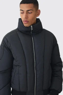 boohooMAN Boxy Abstract Quilted Funnel Neck Puffer In | UK| Coats & Jackets
