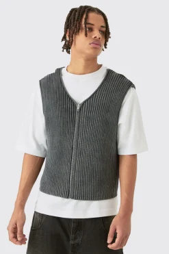 boohooMAN Boxy Acid Wash Ribbed Knit Gilet In | UK| Coats & Jackets