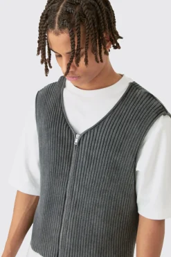 boohooMAN Boxy Acid Wash Ribbed Knit Gilet In | UK| Coats & Jackets