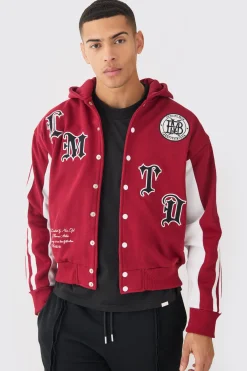 boohooMAN Boxy Applique Tape Detail Jersey Varsity Jacket | UK| Coats & Jackets