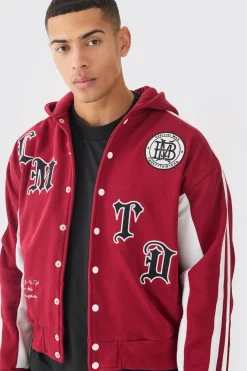 boohooMAN Boxy Applique Tape Detail Jersey Varsity Jacket | UK| Coats & Jackets