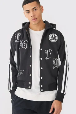 boohooMAN Boxy Applique Tape Detail Jersey Varisty Jacket | UK| Coats & Jackets