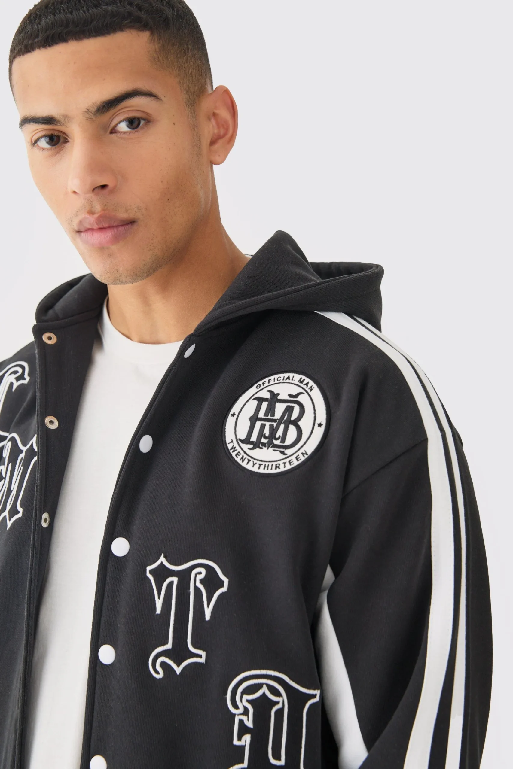 boohooMAN Boxy Applique Tape Detail Jersey Varisty Jacket | UK| Coats & Jackets