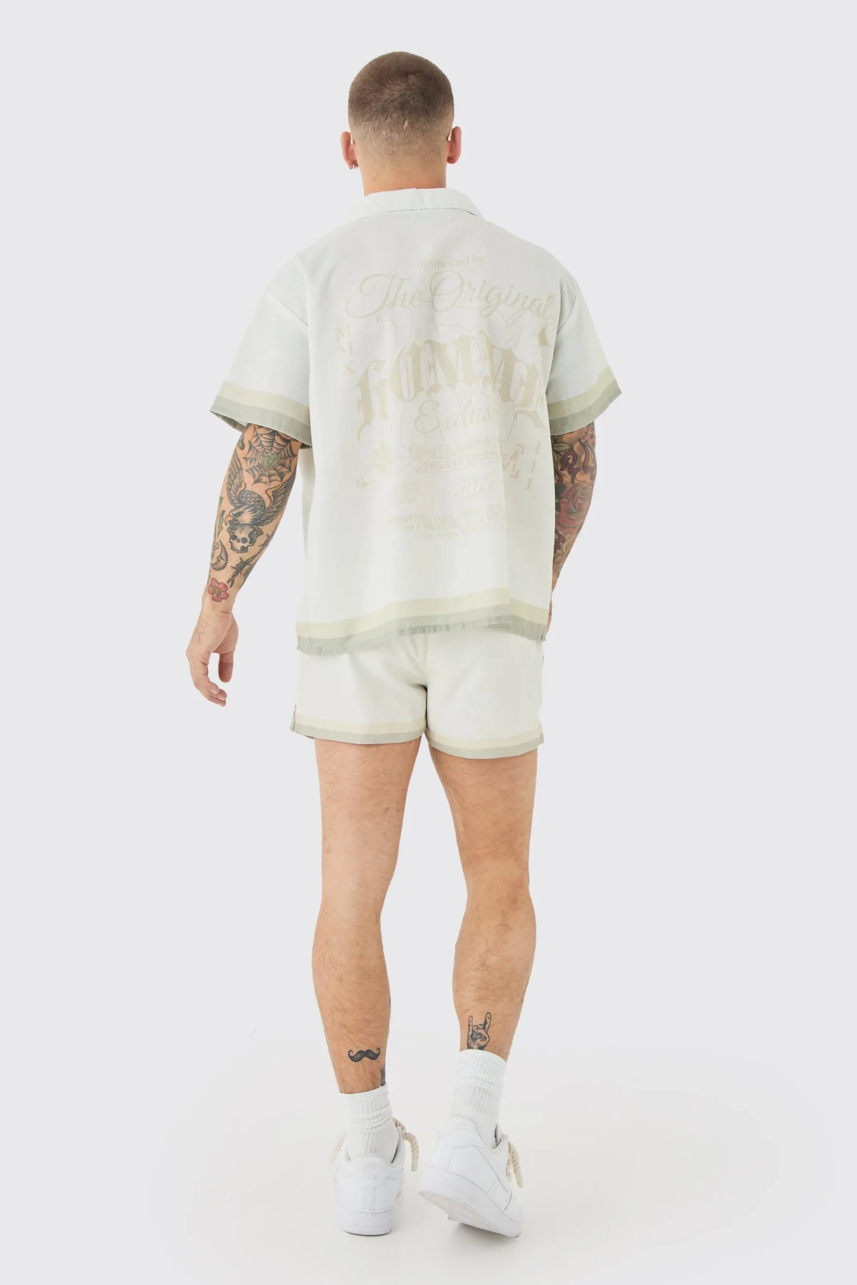 boohooMAN Boxy Back Print Shirt & Swim Short Set | UK| Sets & Co-Ords