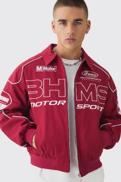 boohooMAN Boxy Badge Twill Moto Jacket In | UK| Coats & Jackets