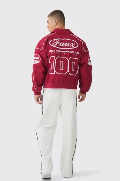 boohooMAN Boxy Badge Twill Moto Jacket In | UK| Coats & Jackets