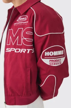 boohooMAN Boxy Badge Twill Moto Jacket In | UK| Coats & Jackets