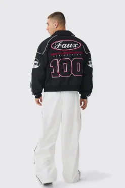 boohooMAN Boxy Badge Twill Moto Jacket In | UK| Coats & Jackets